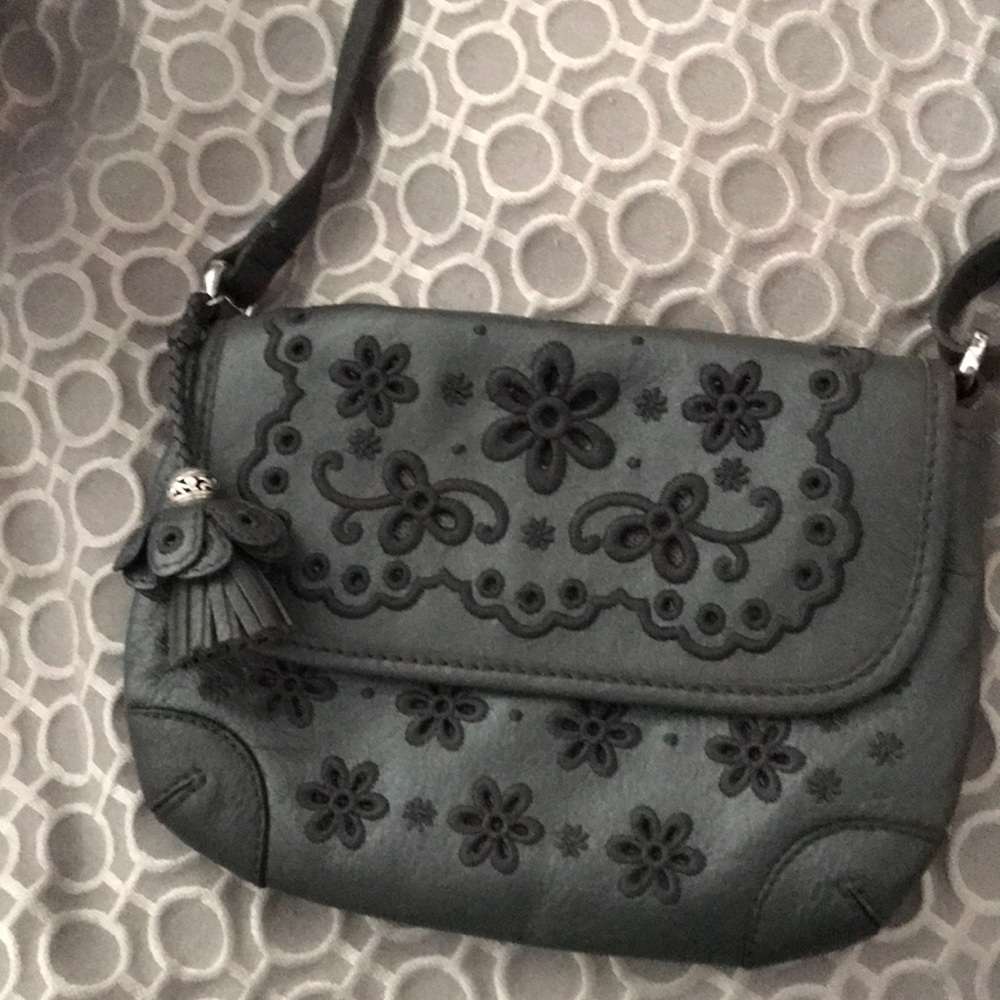 Brighton leather crossbody bag, gray & embroidered